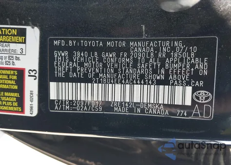 2010 Toyota Corolla S/Le/Xle из США, поврежденный, VIN 2T1BU4EE4AC444143